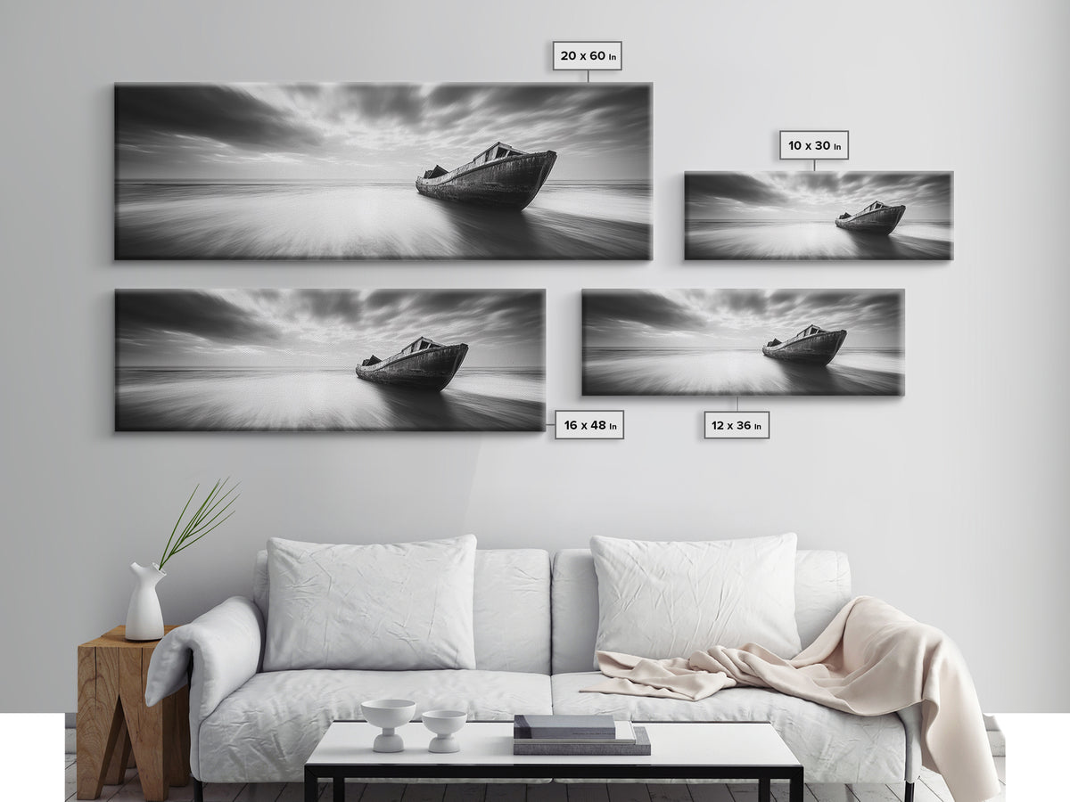 Abandoned Shipwreck, Ocean Ghost Boat, Moody Horizon, Dramatic Sky, Framed Canvas Print, Dark Nautical Art, Hallway Statement Piece