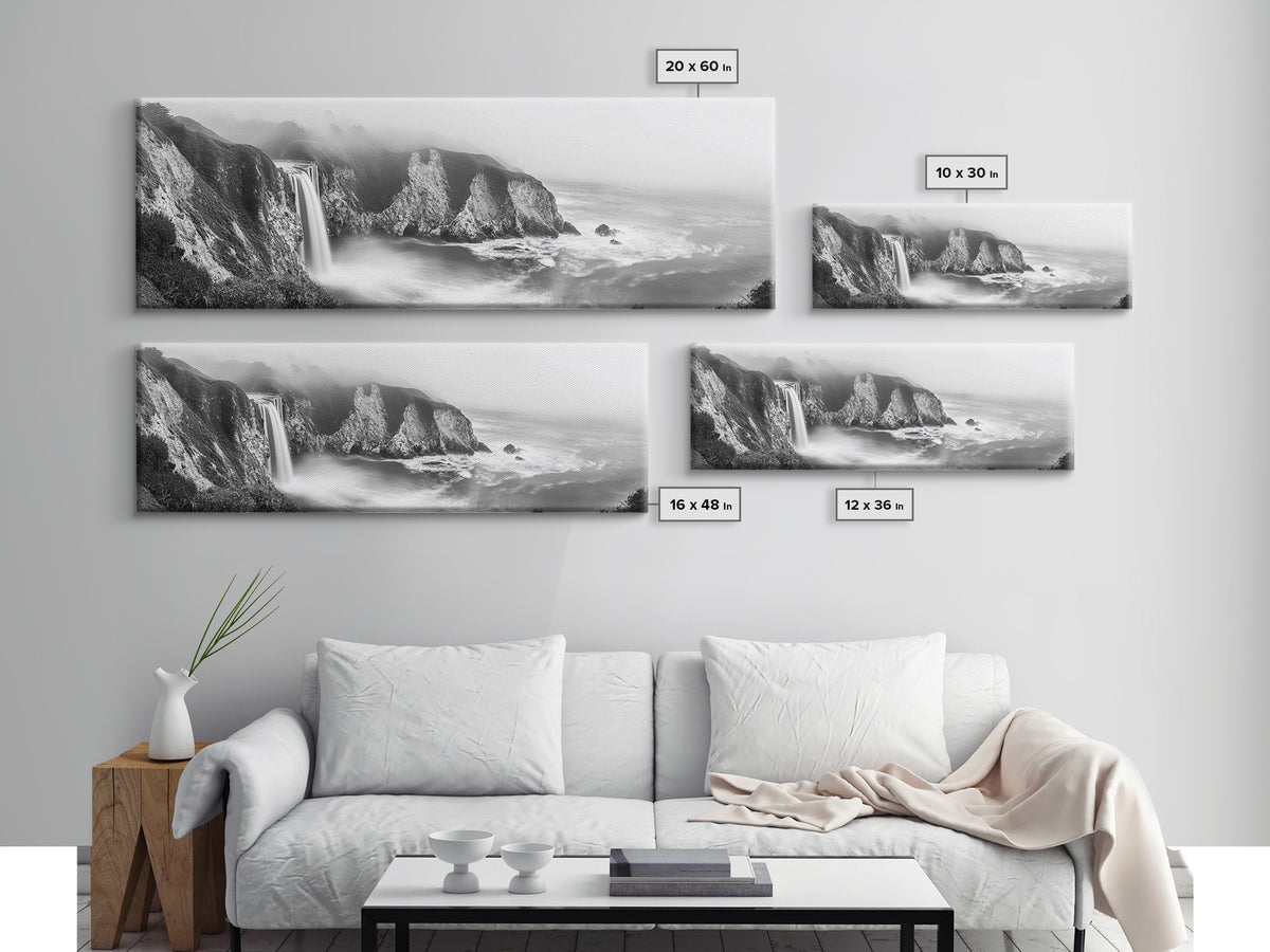 Cliffside Waterfall Coast, Misty Ocean Falls, Dramatic Drop, Nature Power, Framed Canvas Print, Scenic Landscape Wall Art, Spa Bathroom Decor