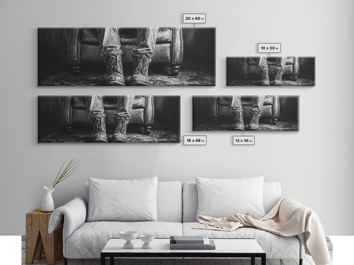 Cowboy Boots Closeup, Rustic Chair, Leather Details, Western Life, Framed Canvas Print, Masculine Office Wall Art, Farmhouse Style