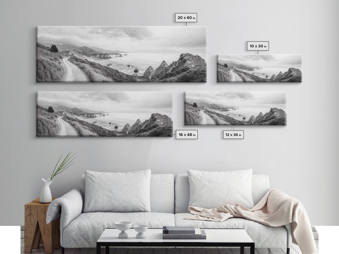 Coastal Trail View, Mountain Seascape, Minimalist Beach Path, Framed Canvas Print, Serene Landscape, Living Room Wall Art, Nature Decor