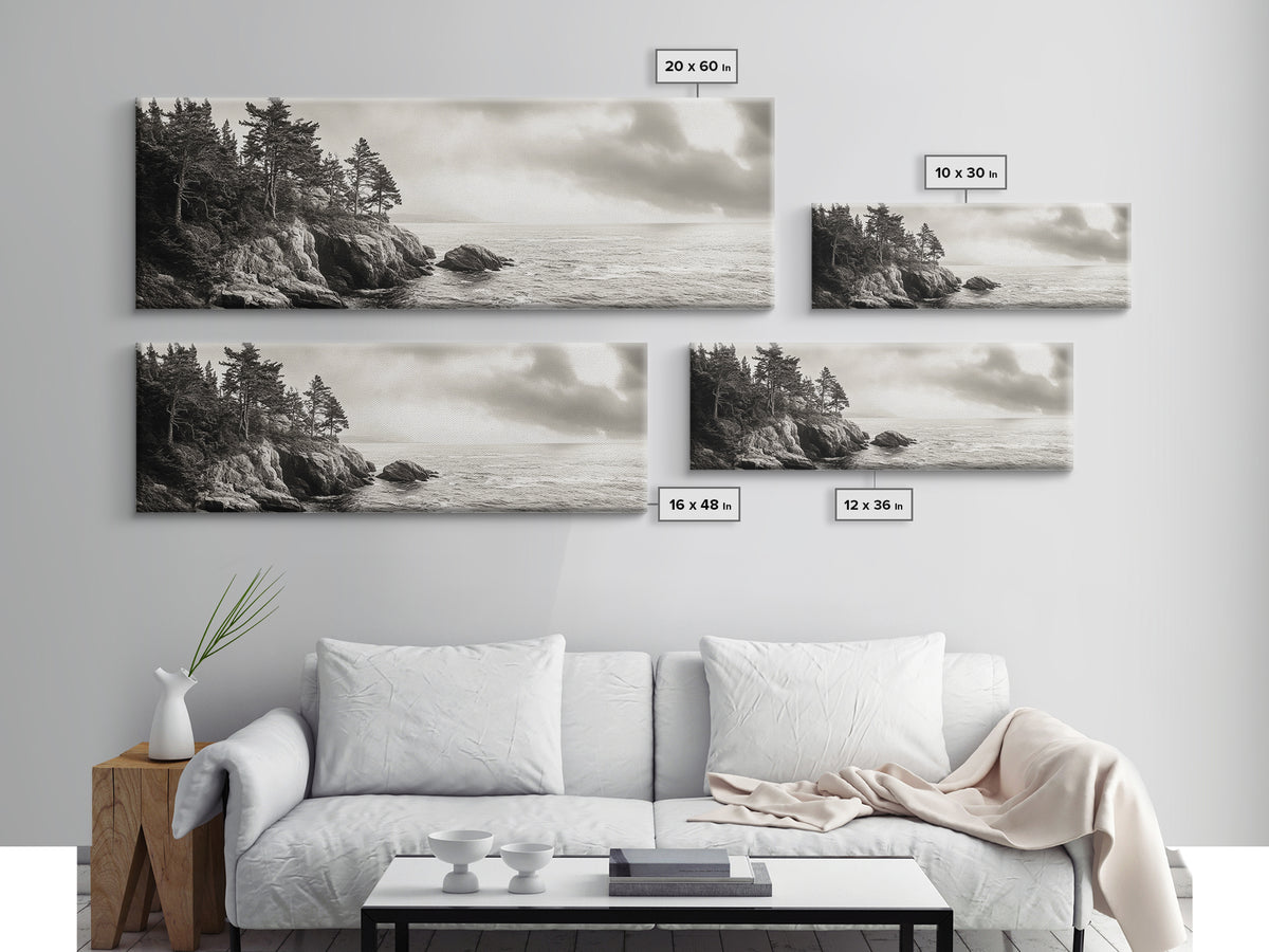 Windy Pines, Rocky Shoreline, Ocean Wilderness, Canvas Print, Vintage Nature Photography, Hallway Wall Art, Outdoor Adventure Vibe