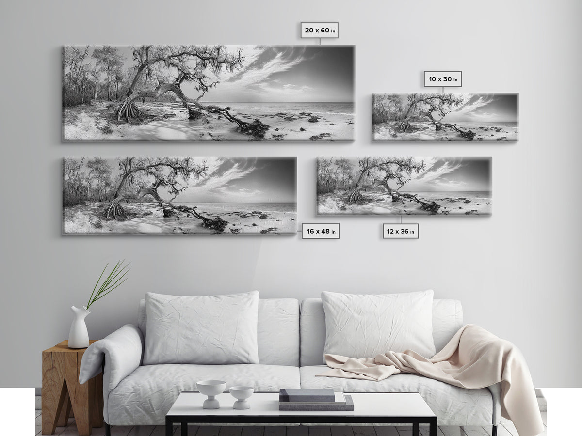 Bending Tree Beach, Windswept Coastal Scene, Dune Forest, Canvas Print, Monochrome Minimalist Art, Boho Bedroom Decor, Ocean Tones