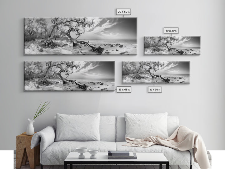 Bending Tree Beach, Windswept Coastal Scene, Dune Forest, Canvas Print, Monochrome Minimalist Art, Boho Bedroom Decor, Ocean Tones