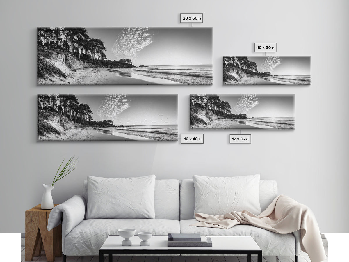 Forest Edge Beach, Coastal Sandscape, Sunset Sky, Canvas Print, Black and White Landscape, Coastal Living Room Art, Natural Vibes