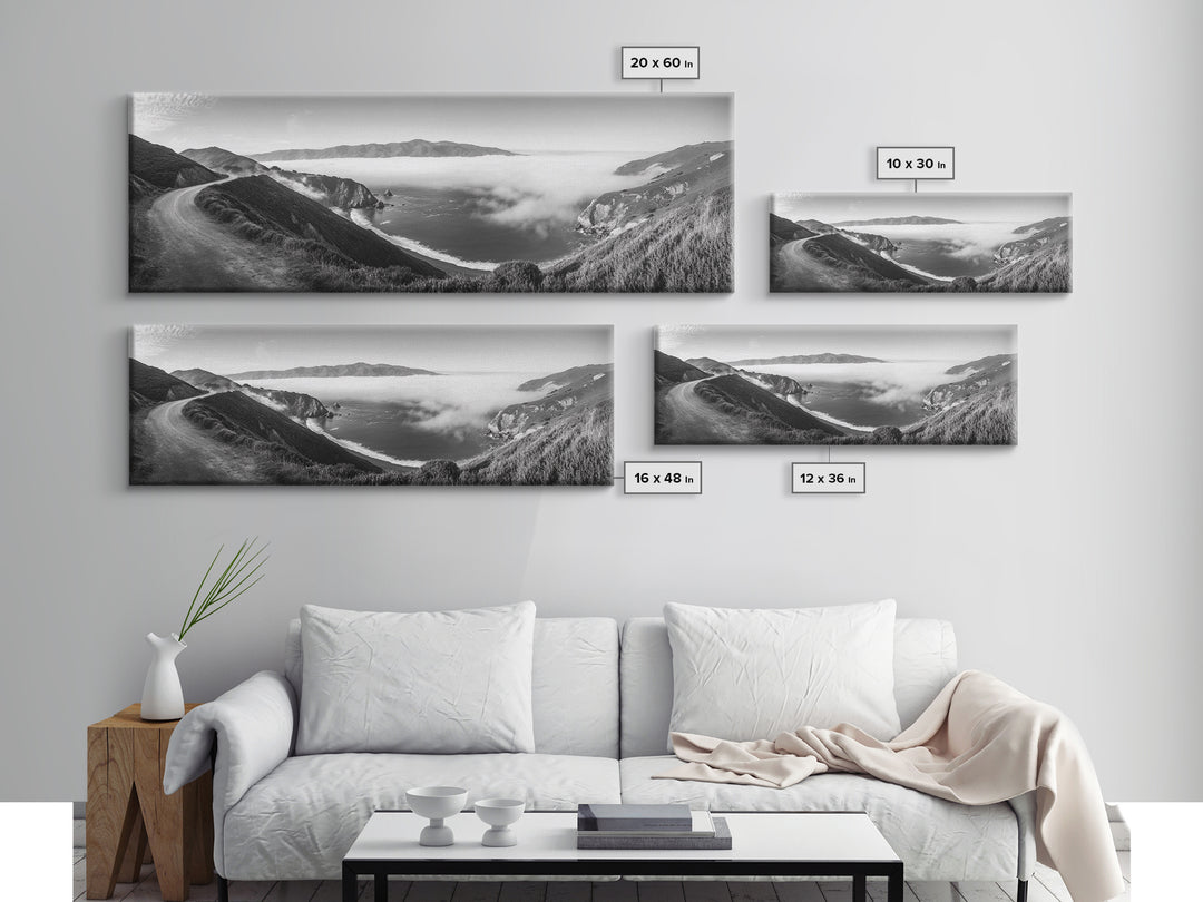 Mountain Road, Foggy Ocean View, Cliffside Drive, Framed Canvas Print, Scenic Wall Decor, Travel Photography, Modern Minimalist Art