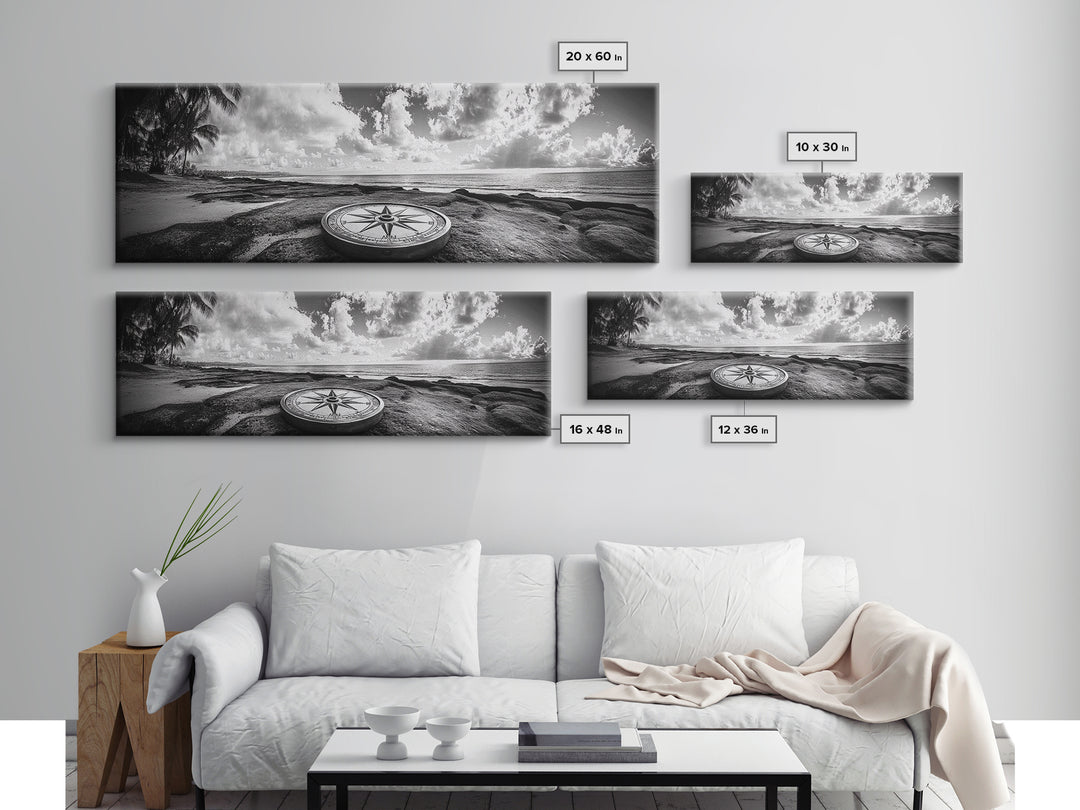 Compass Rose, Ocean Horizon, Palm Trees, Canvas Print, Nautical Beach Art, Boho Living Room Wall Art, Black and White Coastal Decor