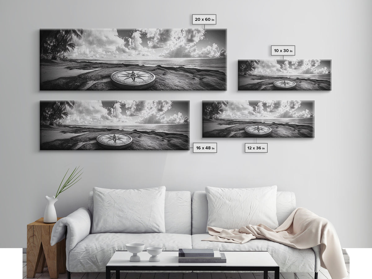 Compass Rose, Ocean Horizon, Palm Trees, Canvas Print, Nautical Beach Art, Boho Living Room Wall Art, Black and White Coastal Decor