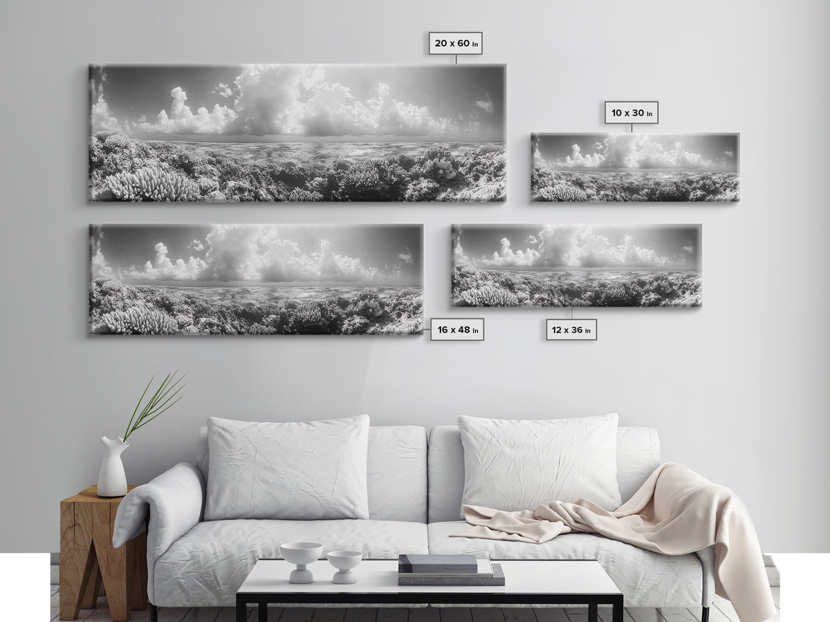 Coral Reef, Ocean Horizon, Cloudscape, Canvas Print, Underwater Nature Photography, Bathroom Wall Art, Marine Coastal Decor