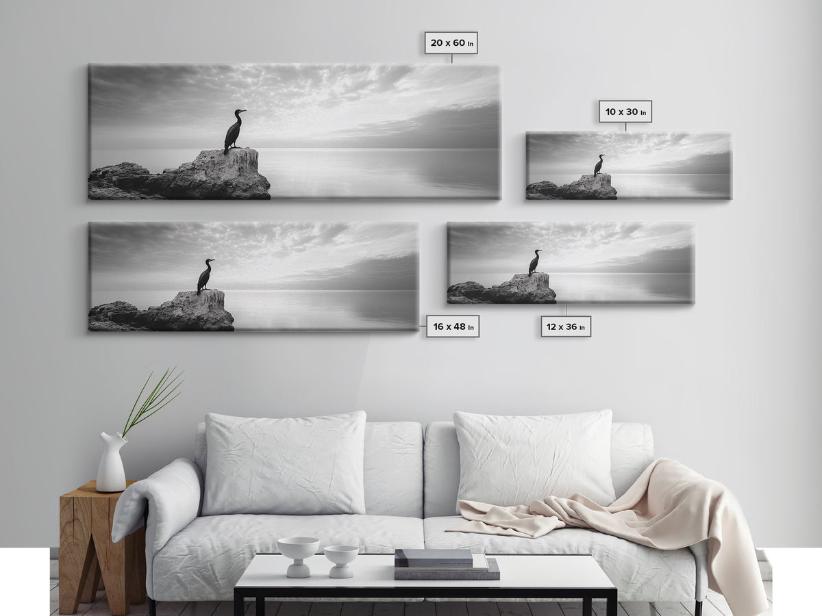 Solitary Bird, Ocean Rock, Minimalist Seascape, Canvas Print, Peaceful Wall Art, Zen Decor, Black and White Living Room Accent