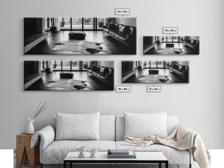 Modern Living, Minimalist Decor, Cowhide Rug, Framed Canvas Print, Neutral Aesthetic Wall Art, Luxury Living Room Design Accent