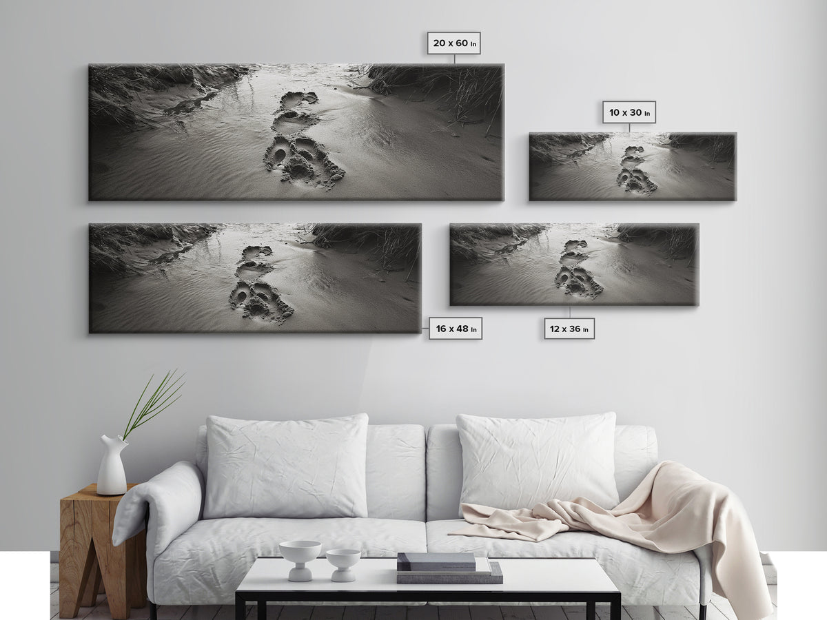 Footprints in Sand, Nature Pathway, Tranquil Stream, Framed Canvas Print, Mindful Journey Art, Rustic Entryway Wall Photography