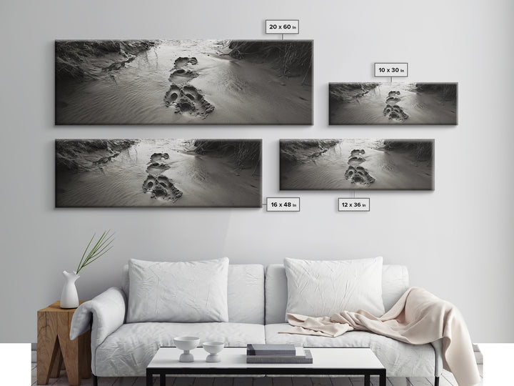 Footprints in Sand, Nature Pathway, Tranquil Stream, Framed Canvas Print, Mindful Journey Art, Rustic Entryway Wall Photography