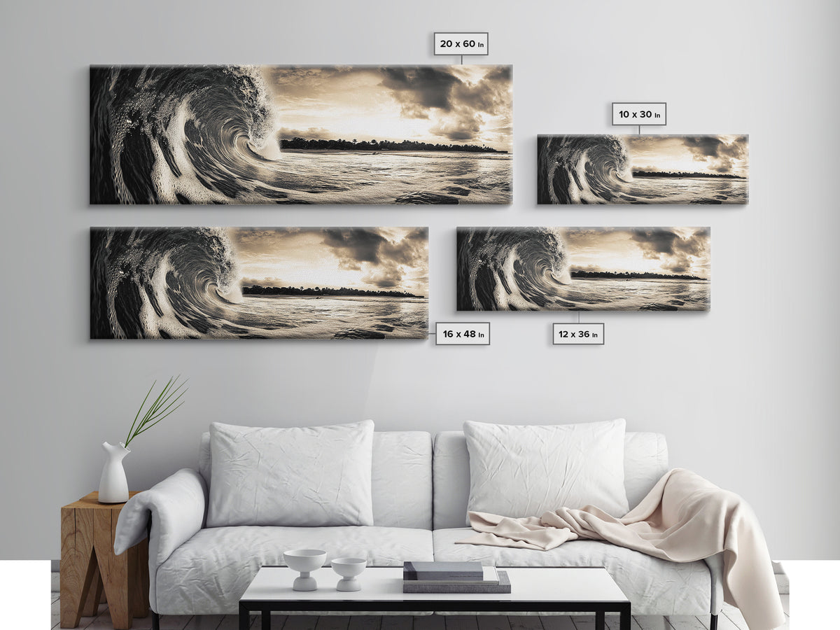 Barrel Wave, Tropical Storm, Surfer’s Dream, Framed Canvas Print, Ocean Power Wall Art, Coastal Living Room Photography Decor