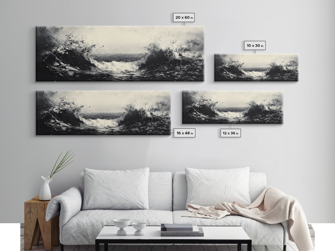 Crashing Waves, Stormy Ocean, Monochrome Surf, Canvas Print, Abstract Seascape Art, Moody Bathroom Decor, Black and White Art Style