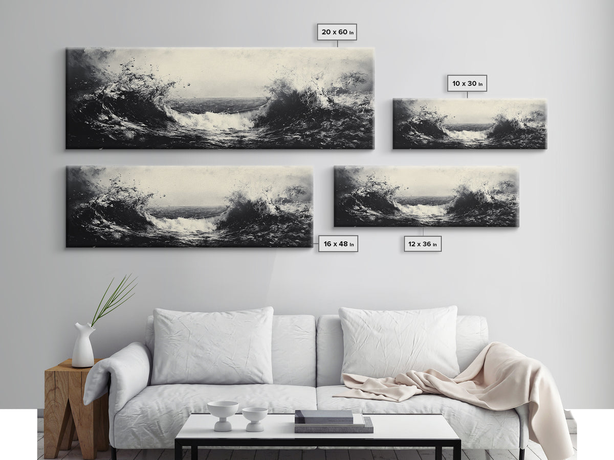 Crashing Waves, Stormy Ocean, Monochrome Surf, Canvas Print, Abstract Seascape Art, Moody Bathroom Decor, Black and White Art Style