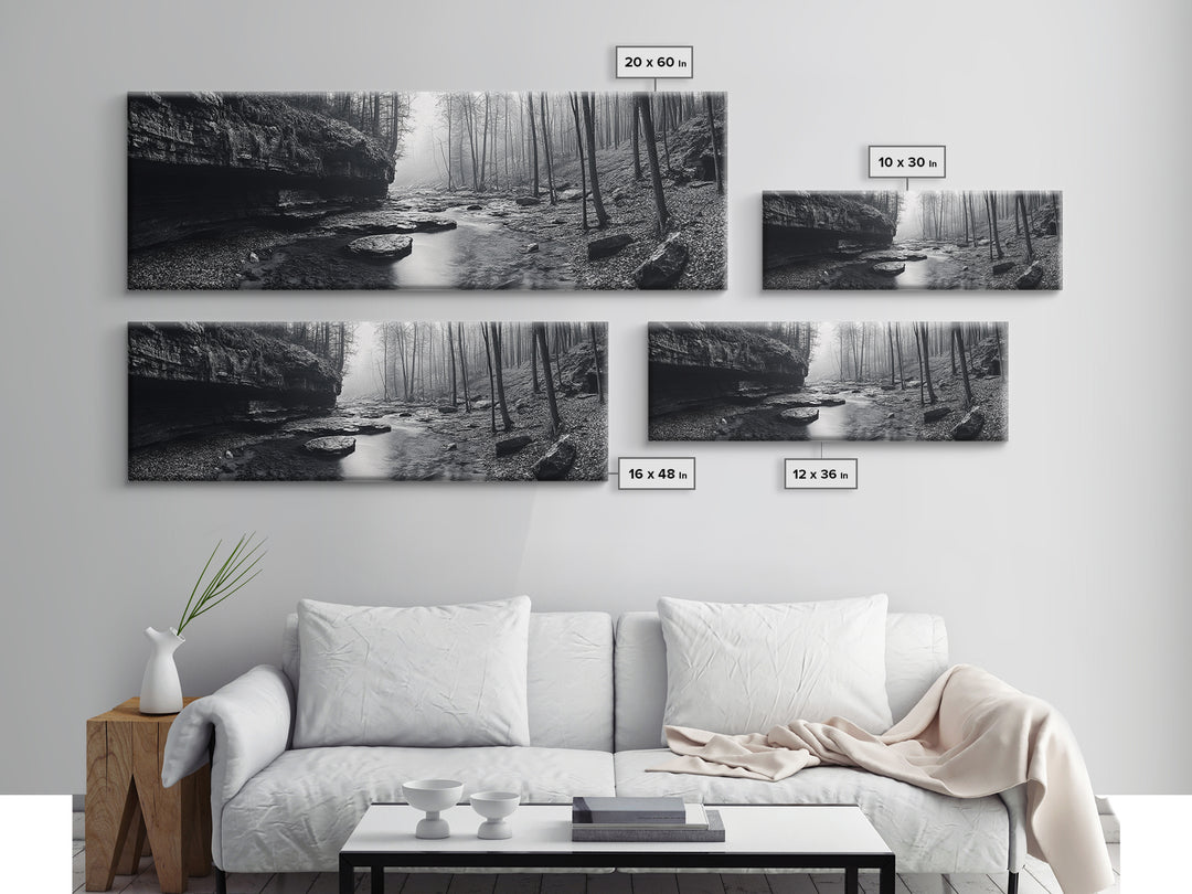 Misty River, Tranquil Forest, Autumn Nature, Monochrome Photography, Framed Canvas Print, Bedroom Wall Art, Rustic Decor, Minimalist Style