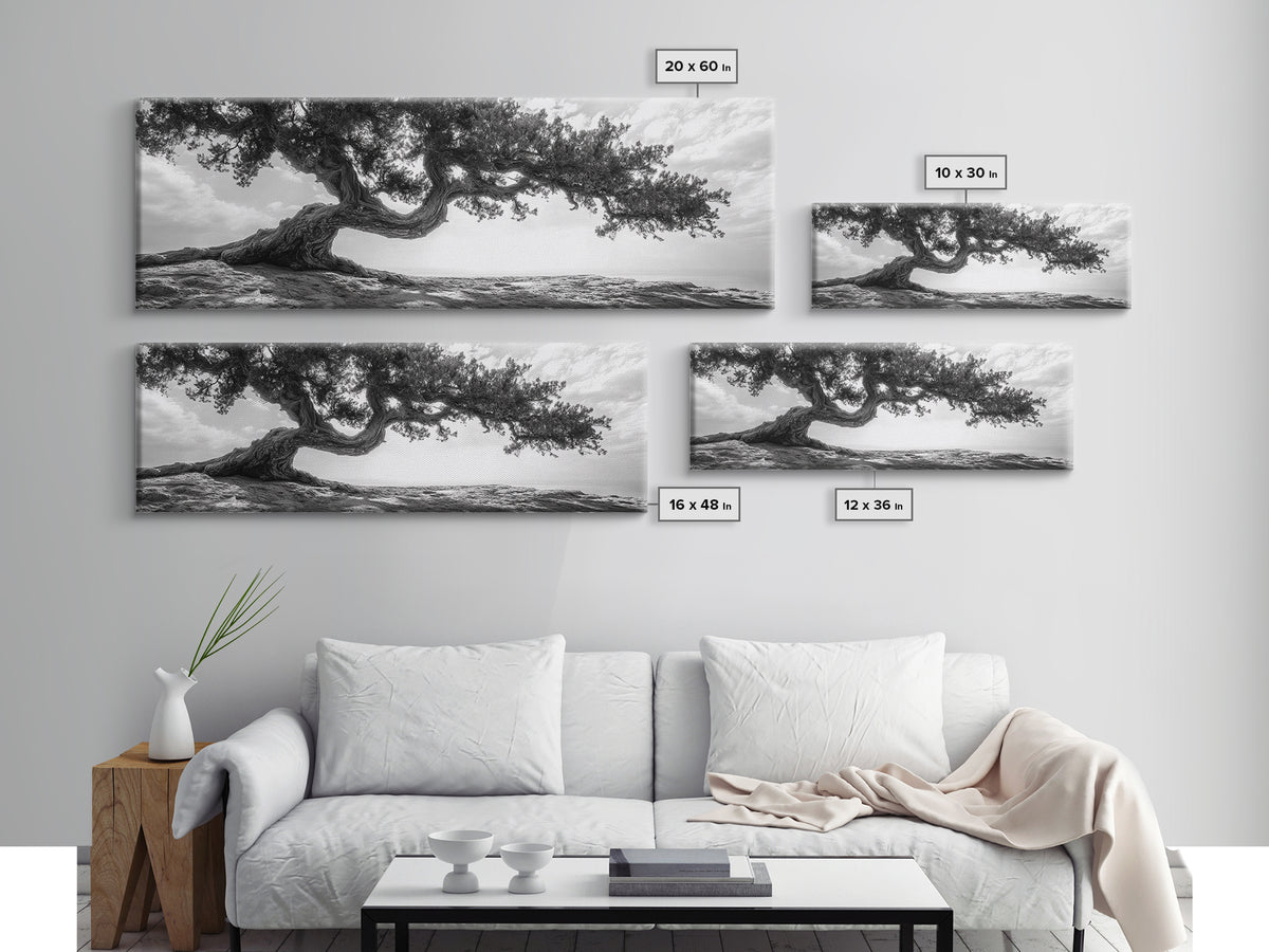 Bending Tree, Windswept Landscape, Coastal Nature, Monochrome Art, Framed Canvas Print, Zen Wall Art, Minimalist Living Room Decor