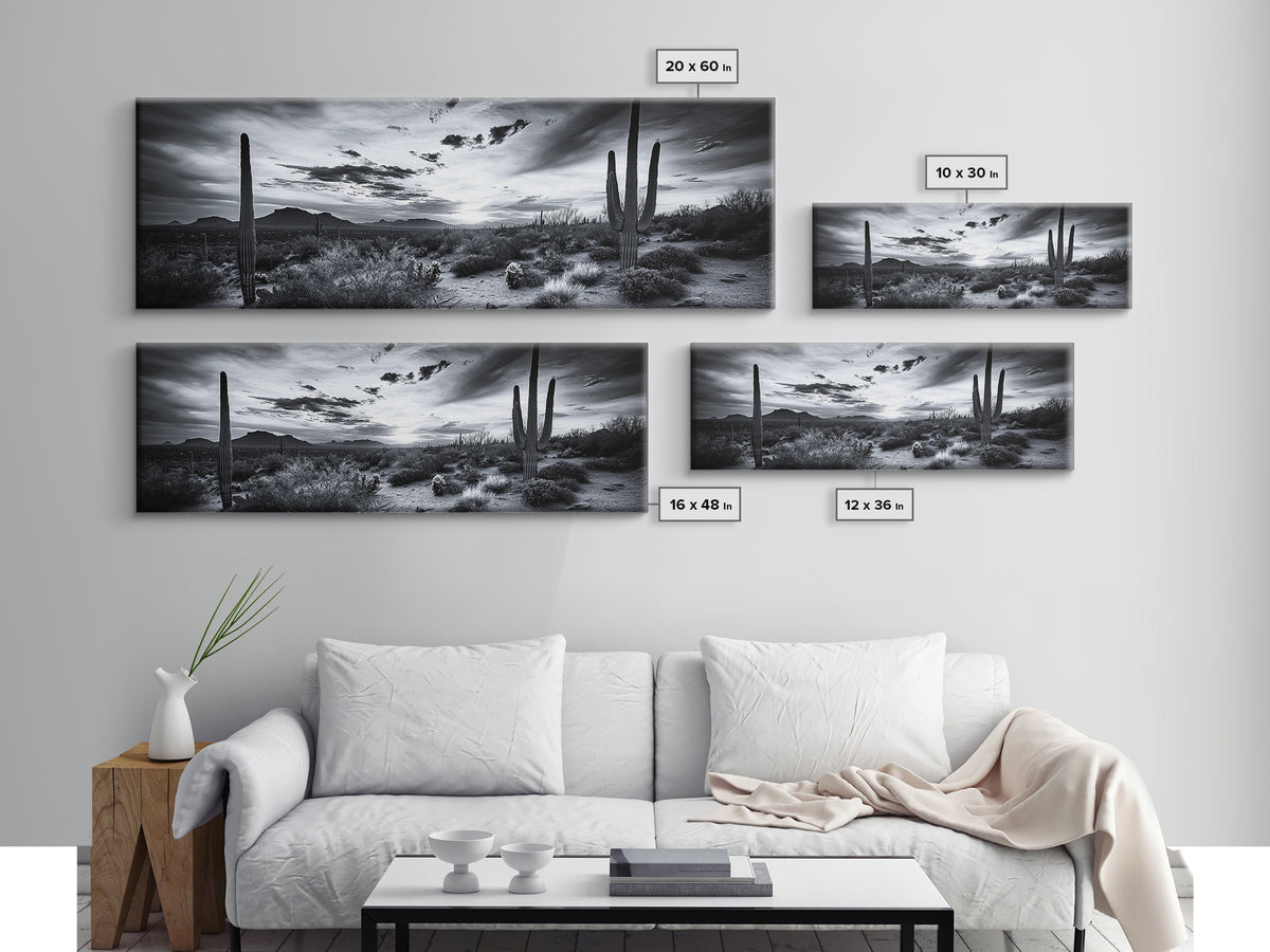 Desert Sunset, Cactus Silhouettes, Southwestern Landscape, Moody Sky Scene, Framed Canvas Print, Western Wall Art, Rustic Office Decor