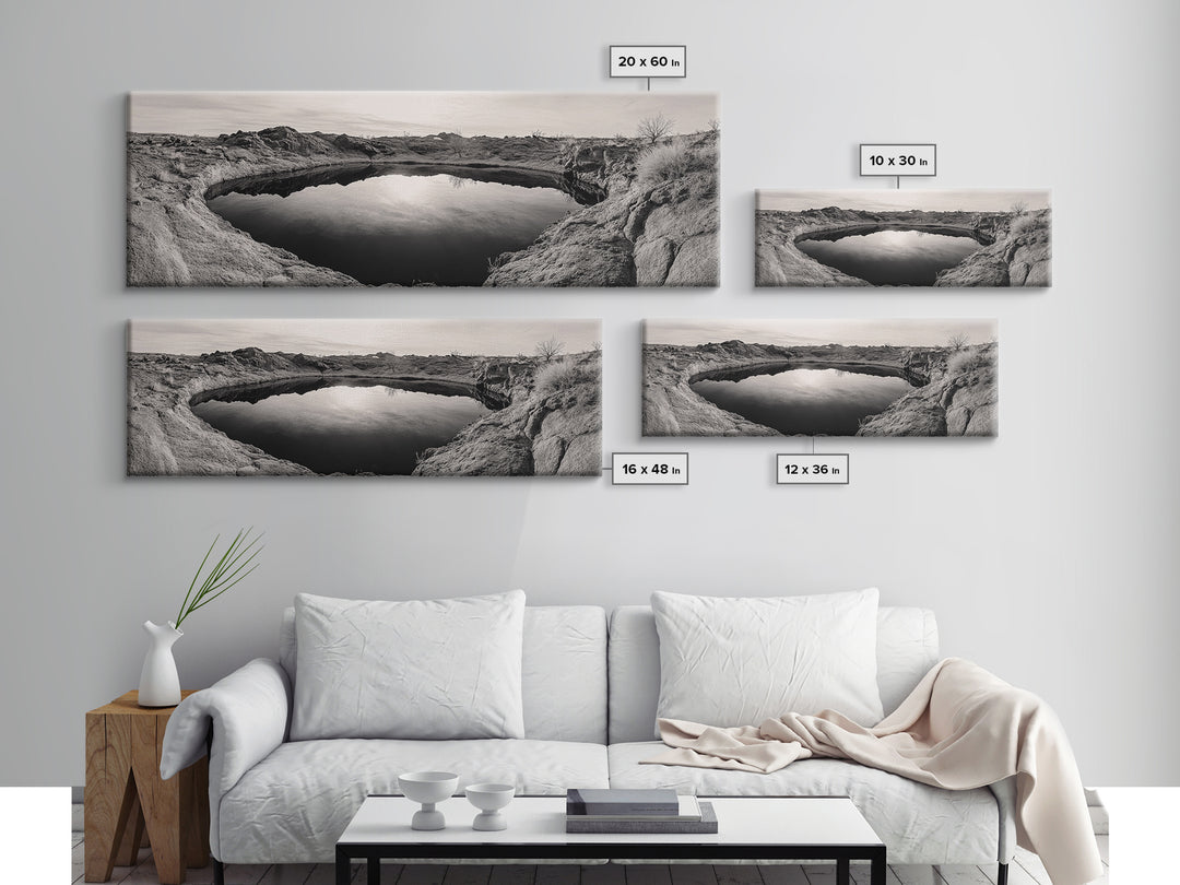 Desert Pool, Reflected Sky, Rugged Terrain, Monochrome Minimalism, Framed Canvas Print, Earthy Wall Art, Neutral Bedroom Decor