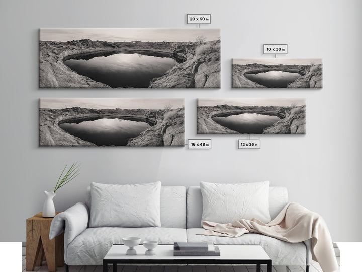 Desert Pool, Reflected Sky, Rugged Terrain, Monochrome Minimalism, Framed Canvas Print, Earthy Wall Art, Neutral Bedroom Decor