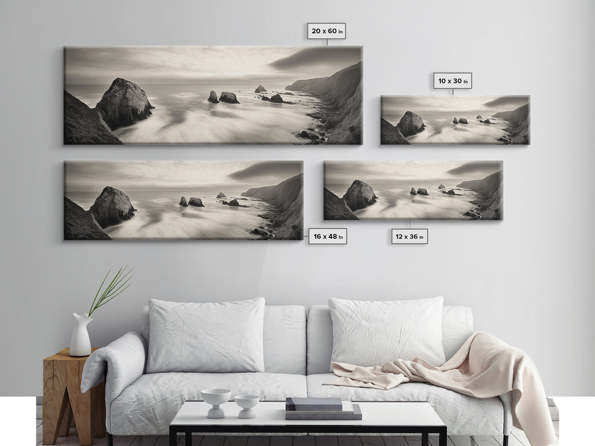 Rocky Coastline, Ocean Cliffs, Soft Waves, Long Exposure Landscape, Framed Canvas Print, Nautical Wall Art, Calm Living Room Decor