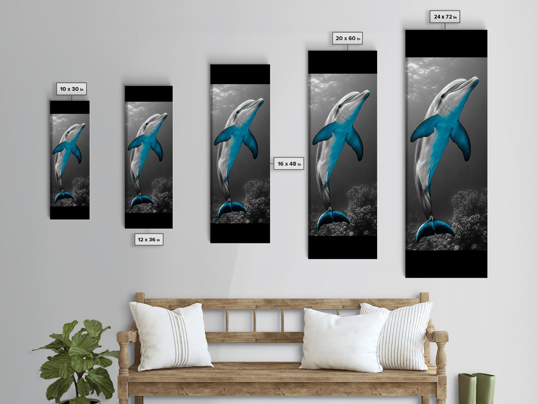 Blue Dolphin, Ocean Glow, Underwater Life, Sea Creature – Framed Canvas Print, Bathroom Wall Art, Coastal Decor, Marine Animal Art