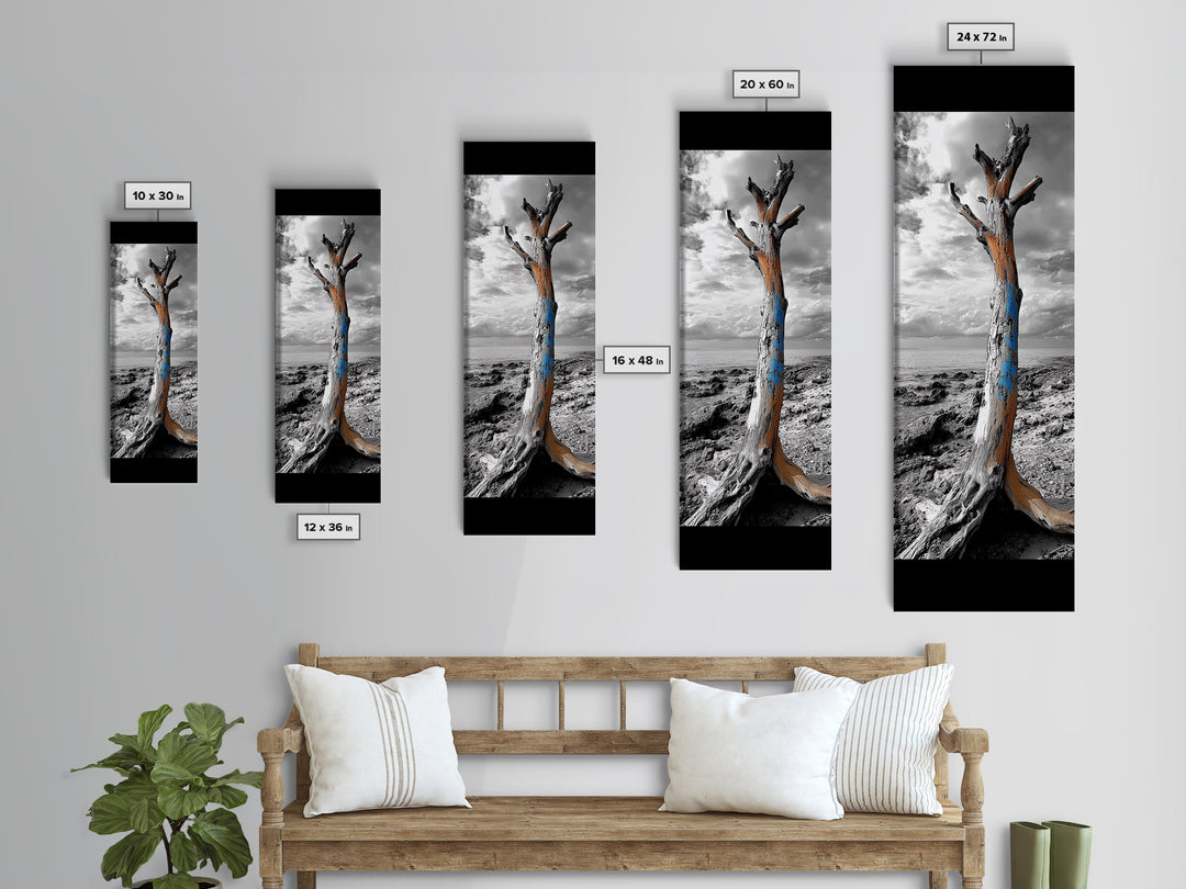 Painted Tree, Coastal Driftwood, Stormy Sky, Bold Texture – Framed Canvas Print, Beach House Decor, Abstract Nature Art, Rustic Minimalism
