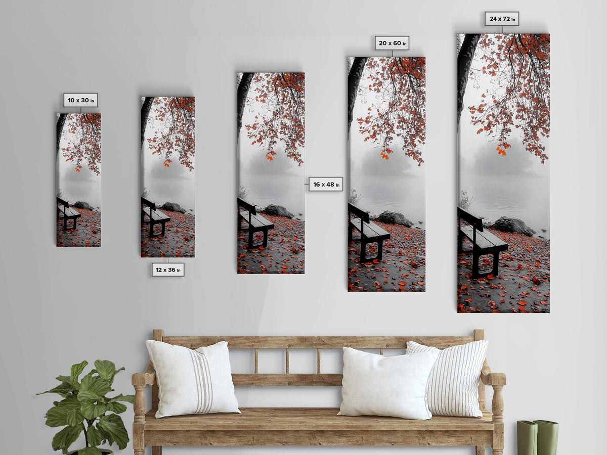 Autumn Leaves, Lakeside Bench, Quiet Moments, Foggy Morning, Framed Canvas Print, Cozy Fall Wall Art, Tranquil Living Room Decor