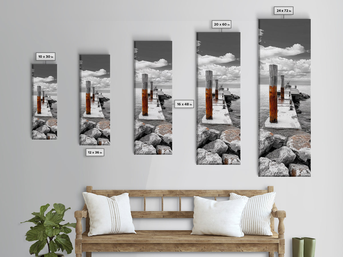 Ocean Dock Scene, Weathered Pier, Seaside Walkway, Framed Canvas Print, Nautical Art, Minimalist Ocean Photography, Coastal Wall Decor