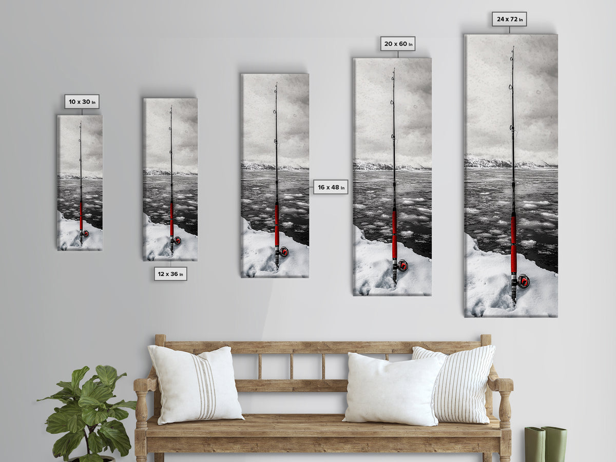 Ice Fishing Rod, Snow Adventure, Winter Sport, Framed Canvas Print, Man Cave Decor, Rustic Cabin Wall Art, Outdoor Lifestyle Photography