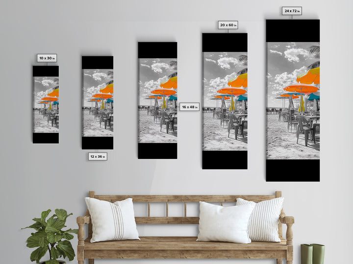 Beach Umbrellas, Seaside Dining, Summer Vibes, Framed Canvas Print, Tropical Kitchen Wall Art, Bright Coastal Decor, Boho Summer Style