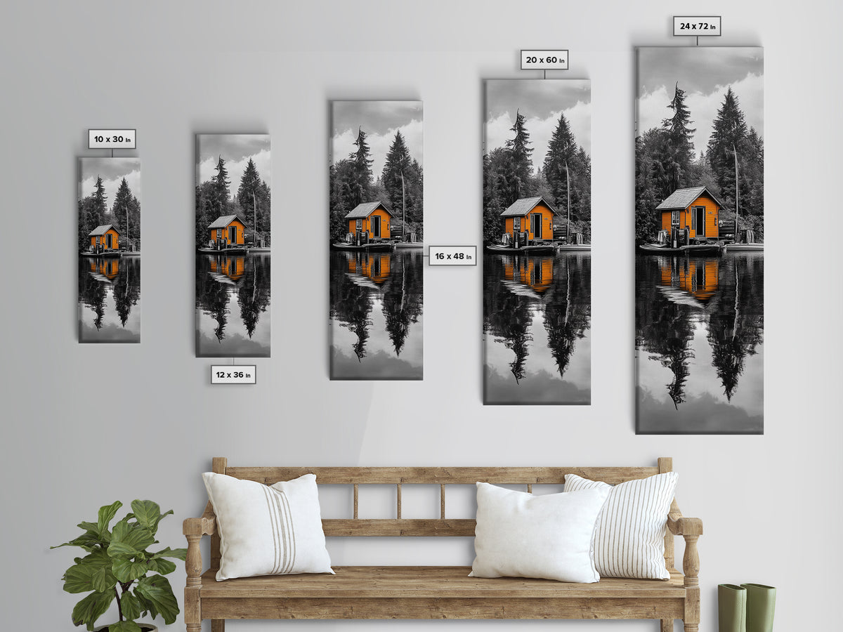 Lake Cabin, Reflection Serenity, Forest Escape, Framed Canvas Print, Nature Wall Art, Rustic Lodge Decor, Cabin Living Room Inspiration
