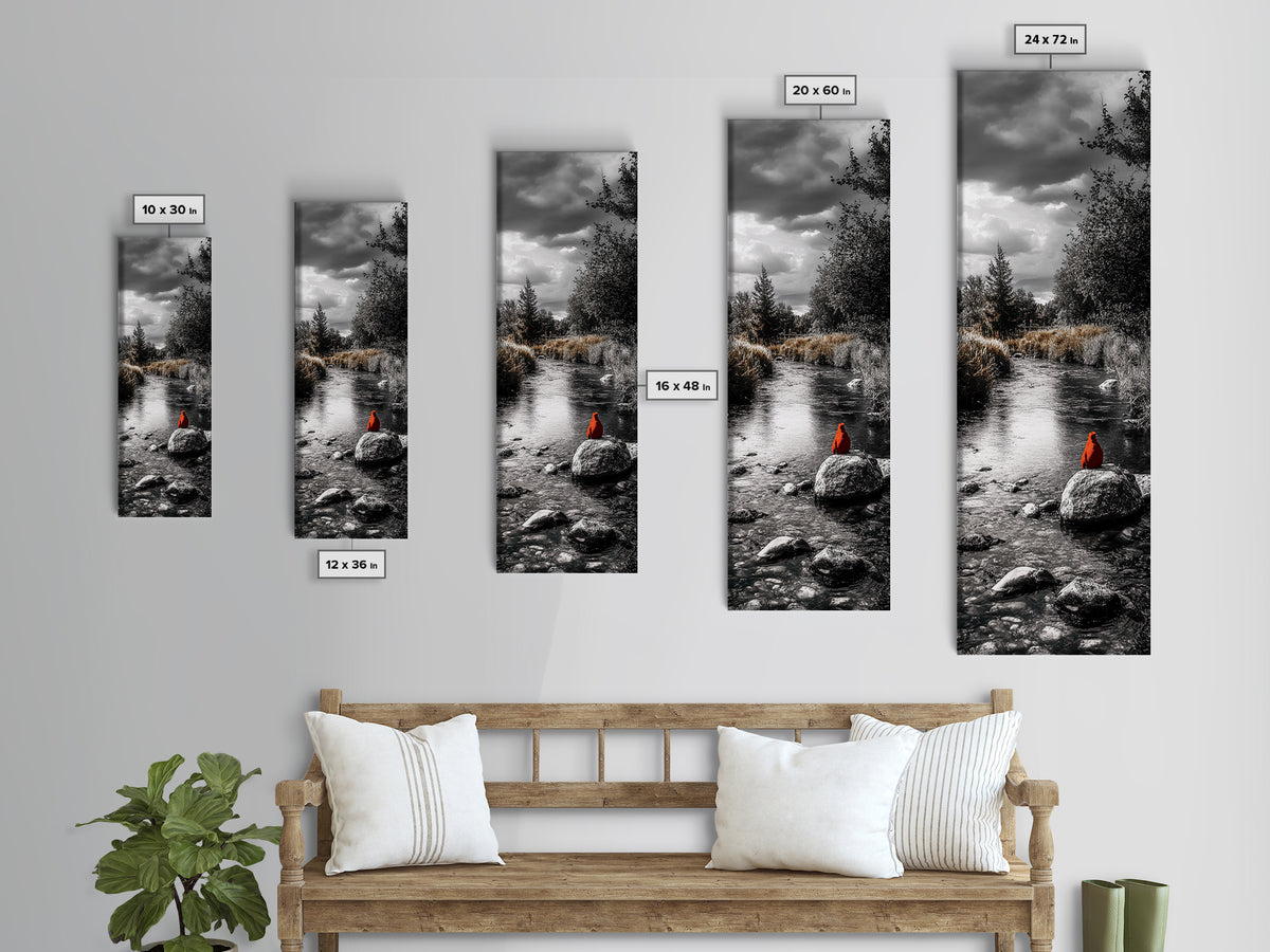 Red Cardinal, River Print, Nature Wildlife Art, Peaceful Landscape, Canvas Print, Rustic Living Room Decor, Autumn Wall Art, Forest Bird