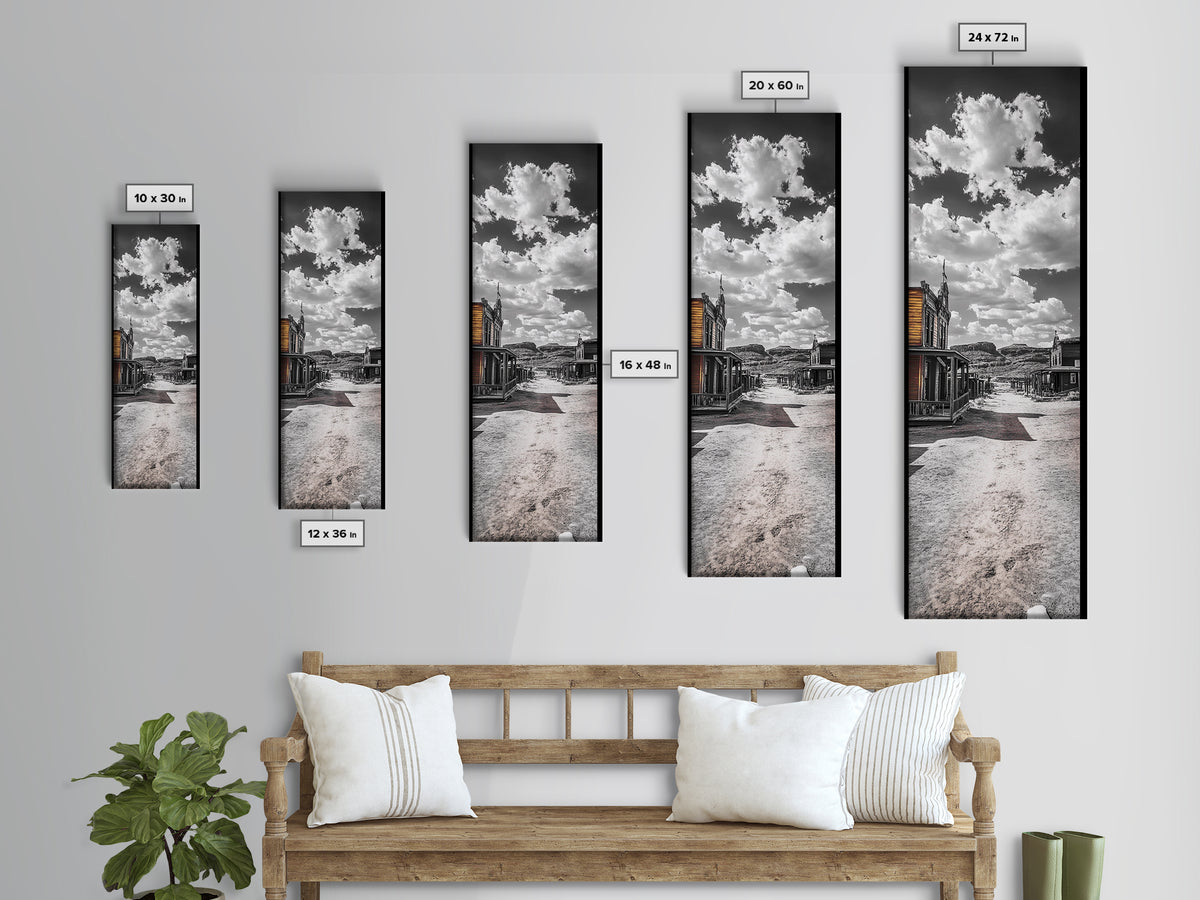 Desert Street, Western Town, Cloudy Skies, Frontier Road, Framed Canvas Print, Rustic Wall Art, Western Style Decor, Saloon Theme