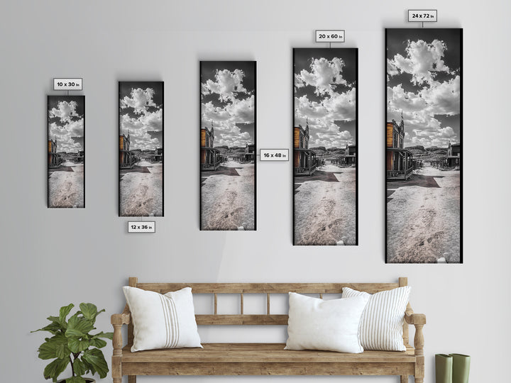 Desert Street, Western Town, Cloudy Skies, Frontier Road, Framed Canvas Print, Rustic Wall Art, Western Style Decor, Saloon Theme