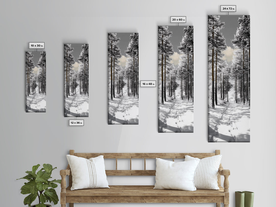 Snow Path, Winter Forest, Frosty Pines, Silent Trail, Framed Canvas Print, Christmas Wall Art, Cabin Decor, Nordic Winter Scene