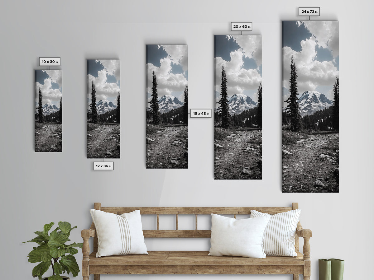 Mountain Landscape, Trail Pathway, Cloudy Sky, Nature Photography, Canvas Print, Rustic Cabin Decor, Adventure Hiker Wall Art