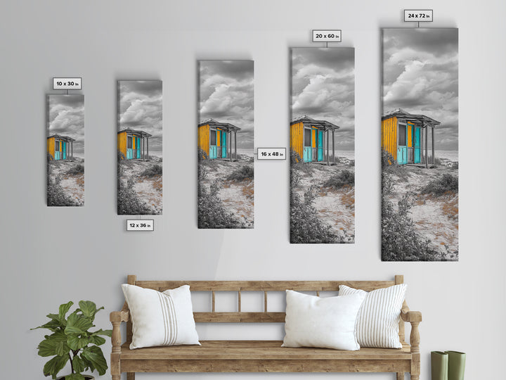 Beach Shack, Rustic Cabin, Vibrant Doors, Framed Canvas Print, Coastal Entryway Wall Art, Tropical Boho Decor, Seaside Rustic Style