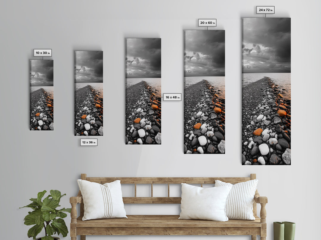 Rocky Shoreline, Sunset Glow, Ocean Path, Coastal Landscape, Canvas Print, Tranquil Nature Art, Bathroom Wall Decor Coastal Style