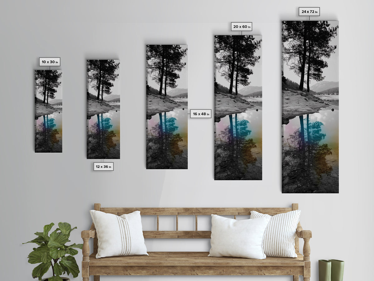 Tree Reflection, Moody Landscape, Nature Serenity, Rainbow Water, Framed Canvas Print, Boho Style, Bedroom Wall Art, Artistic Calm