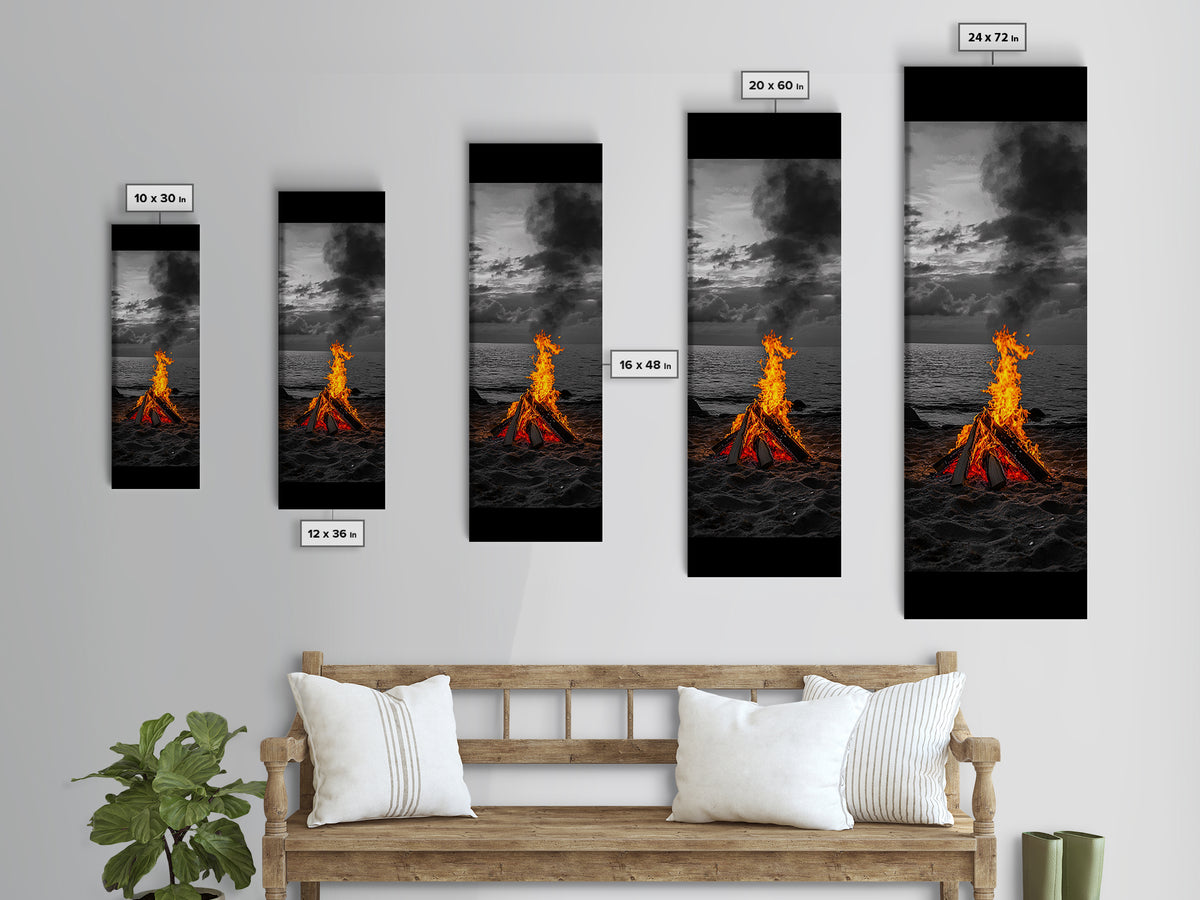 Beach Bonfire, Glowing Flame, Night Ocean, Framed Canvas Print, Autumn Coastal Wall Art, Rustic Cabin Decor, Moody Beach Photography