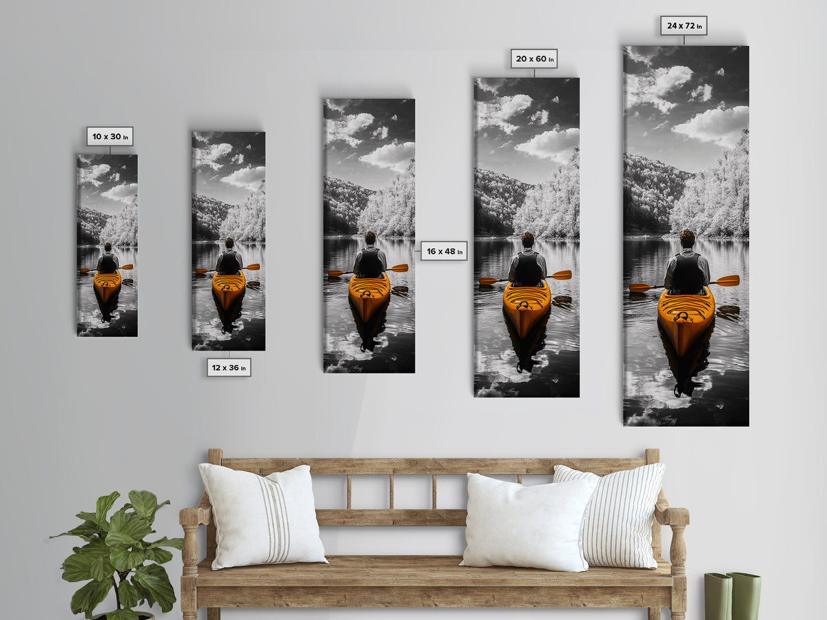 Kayak Lake View, Nature Escape, Autumn Waters, Calm Journey, Framed Canvas Print, Adventure Wall Art, Cabin Decor, Minimalist Landscape
