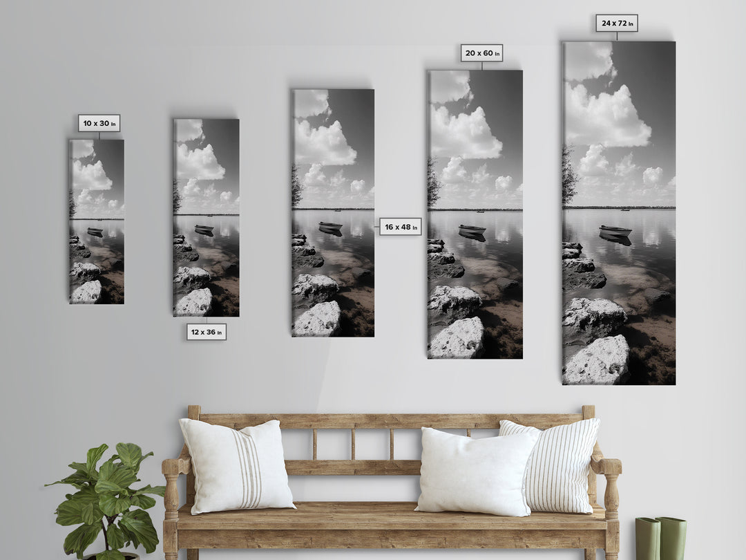 Monochrome Boat Lake, Peaceful Dockside, Still Waters, Minimal Calm, Framed Canvas Print, Bedroom Wall Art, Black White Photography