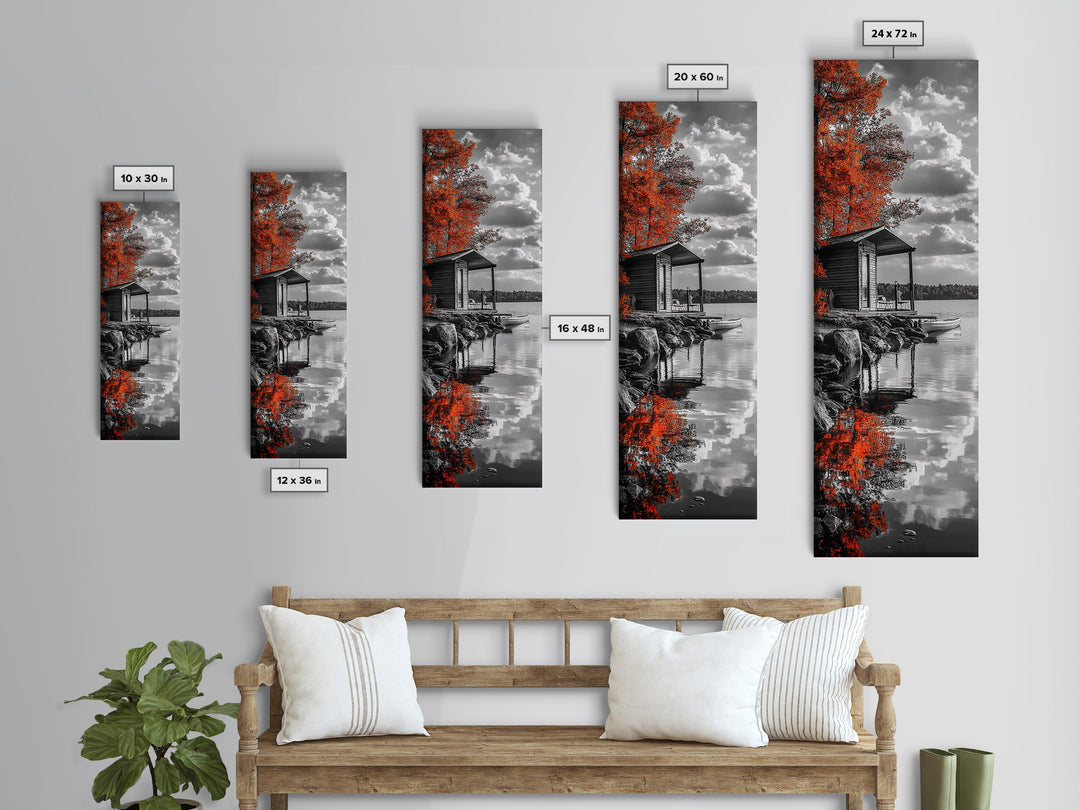 Autumn Cabin Lake, Red Tree Reflections, Tranquil Retreat, Rustic Getaway, Framed Canvas Print, Fall Decor, Nature Wall Art, Lodge Style