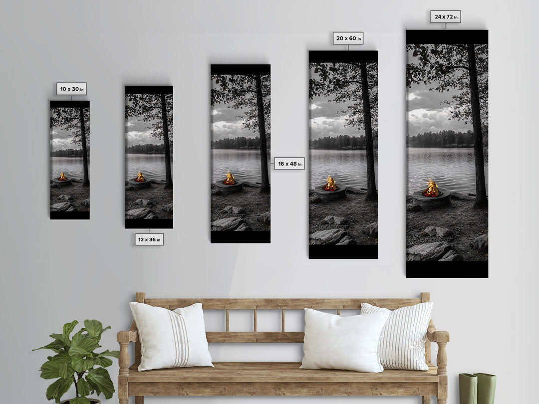 Autumn Campfire Scene, Cozy Outdoors, Fall Evening Glow, Lakeside Calm, Framed Canvas Print Cabin Decor, Living Room Autumn Wall Art