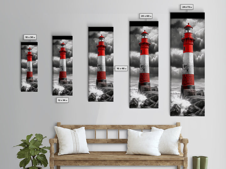 Red Lighthouse Storm, Coastal Beacon Art, Dramatic Seascape, Nautical Scene, Framed Canvas Print Living Room Wall Art, Moody Decor