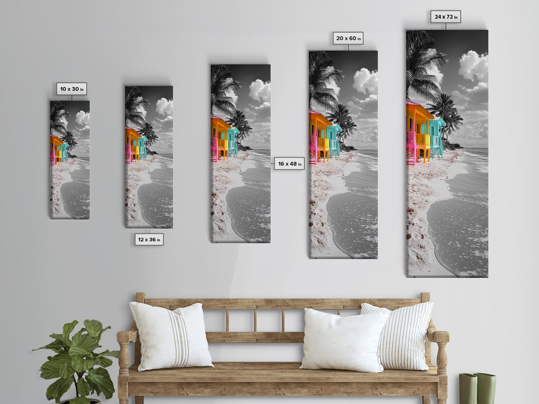 Colorful Beach Houses, Palm Trees, Coastal Row, Framed Canvas Print, Tropical Living Room Art, Boho Seaside Decor, Vibrant Beach Style