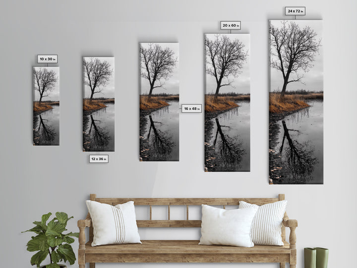 Bare Tree, Marsh Reflection, Autumn Tones, Moody Nature Framed Canvas Print, fall farmhouse wall art, rustic entryway decor, office wall art