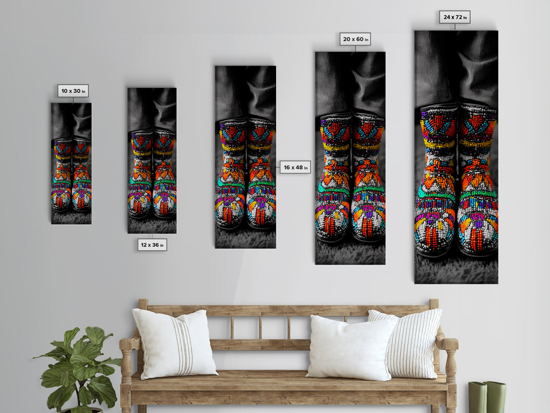 Beaded Boots, Bold Fashion, Cultural Style, Tribal Vibes, Framed Canvas Print, Boho art, Fashion Wall Art, Entryway Decor, Statement Piece