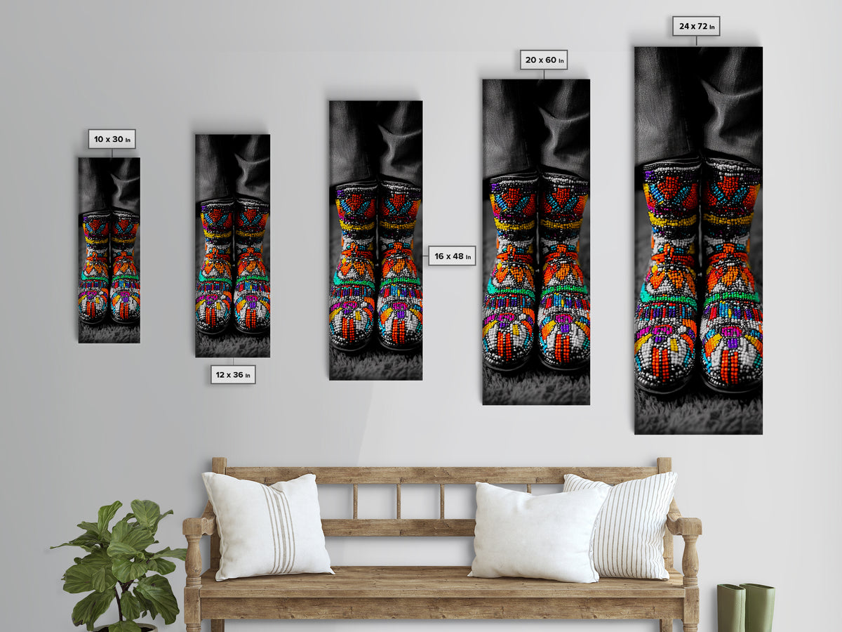 Beaded Boots, Bold Fashion, Cultural Style, Tribal Vibes, Framed Canvas Print, Boho art, Fashion Wall Art, Entryway Decor, Statement Piece
